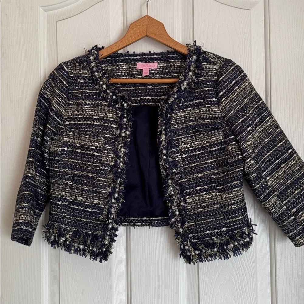 Lilly Pulitzer Hagen Metallic Navy Blue Tweed Cropped Blazer Jacket size 2 - Picture 4 of 11